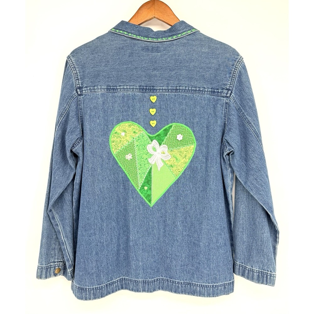 Classic Elements Womens Medium 10-12 Jean Top Green Accents St. Pattys Heart Vtg - Picture 9 of 11